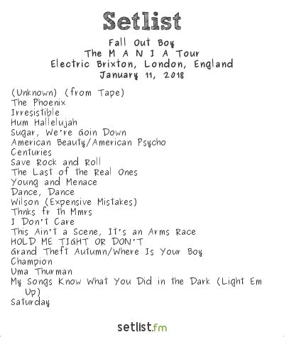 Bmth fall out boy tour setlist - Fall Out Boy tour dates. This is the full 2023 tour schedule for Fall Out Boy, including North America and European shows: 21 June – Wrigley Field – Chicago, IL. 23 June – Hollywood Casino Amphitheatre – Maryland Heights, MO – tickets. 24 June – Azura Amphitheatre – Bonner Springs, KS – tickets. 27 June – Cynthia Woods ...